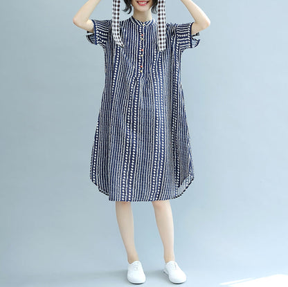 Stylish Blue Midi-length Cotton Dress Clothing Cotton Maxi Dress Fine Short Sleeve Pockets Stand Baggy Dresses
