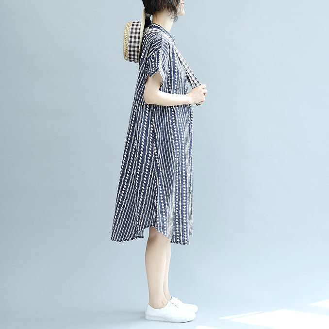 Stylish Blue Midi-length Cotton Dress Clothing Cotton Maxi Dress Fine Short Sleeve Pockets Stand Baggy Dresses