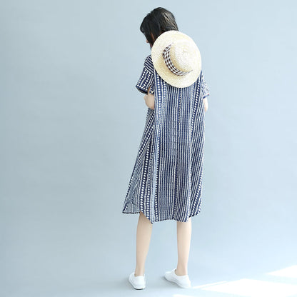 Stylish Blue Midi-length Cotton Dress Clothing Cotton Maxi Dress Fine Short Sleeve Pockets Stand Baggy Dresses
