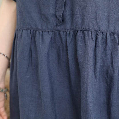 Stylish Blue Linen Dress Oversize Linen Maxi Dress Ruffles O Neck Cotton Dress