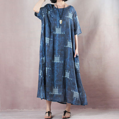 Stylish Blue Linen Dresses O Neck Extra Large Hem Caftans Short Sleeve Baggy Dresses Caftans