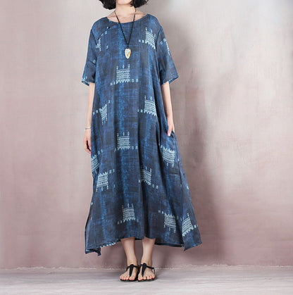 Stylish Blue Linen Dresses O Neck Extra Large Hem Caftans Short Sleeve Baggy Dresses Caftans