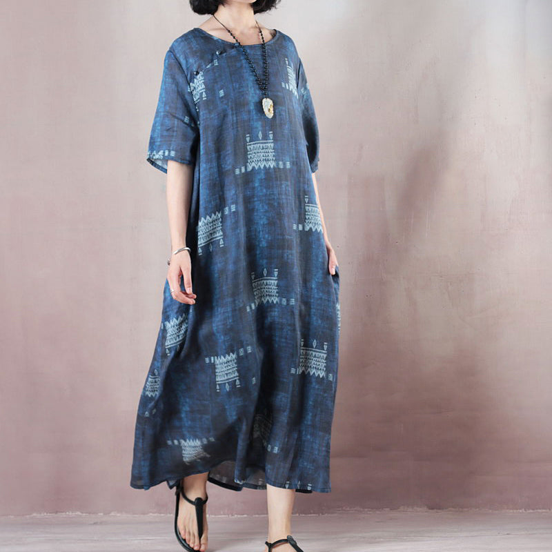 Stylish Blue Linen Dresses O Neck Extra Large Hem Caftans Short Sleeve Baggy Dresses Caftans