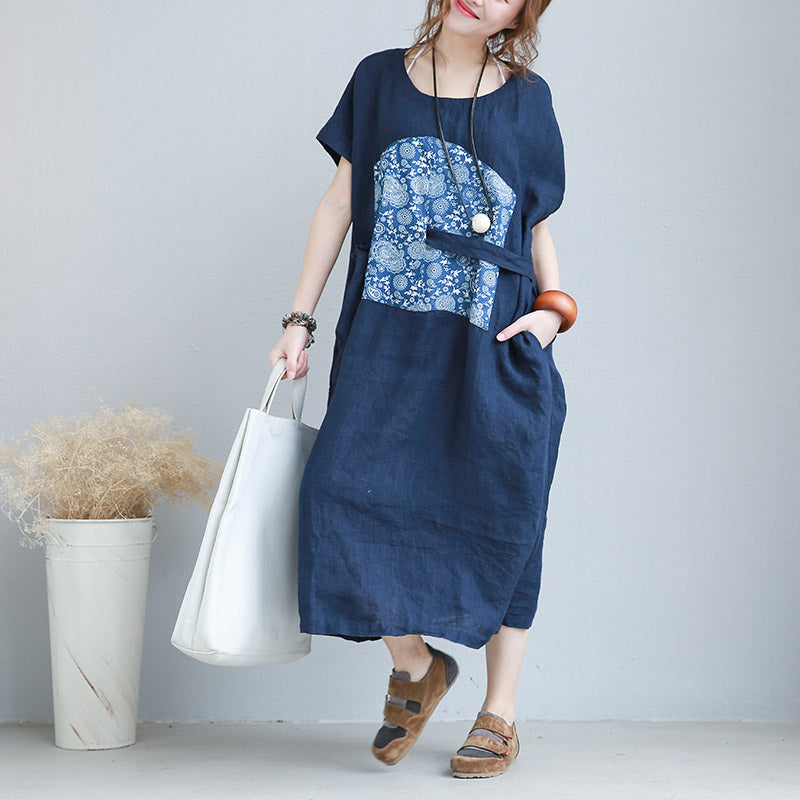 Stylish Blue Linen Shift Dresses Linen Cotton Dress Fine Tie Waist Prints Linen Clothing Dresses