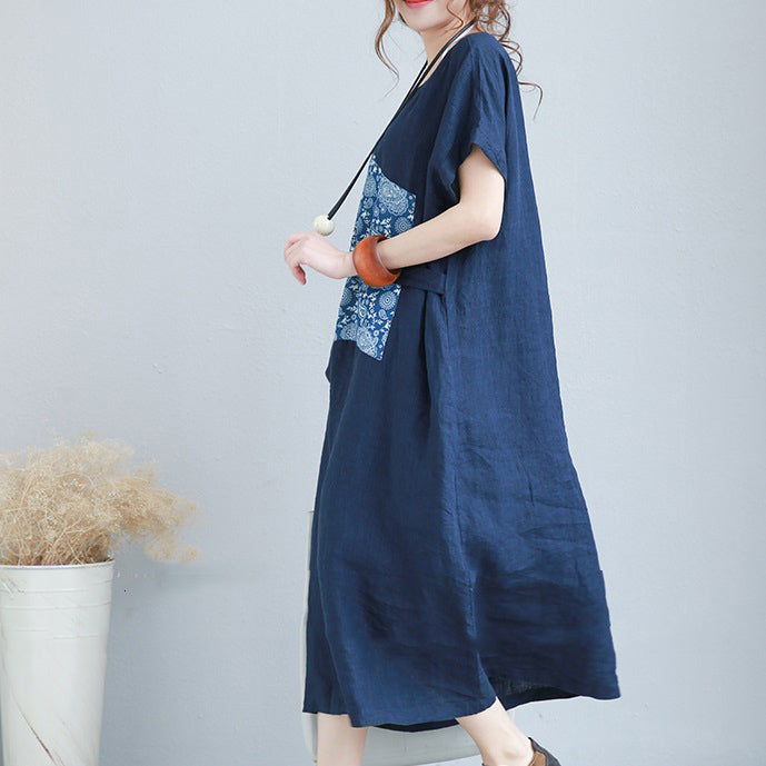 Stylish Blue Linen Shift Dresses Linen Cotton Dress Fine Tie Waist Prints Linen Clothing Dresses