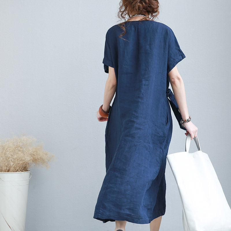 Stylish Blue Linen Shift Dresses Linen Cotton Dress Fine Tie Waist Prints Linen Clothing Dresses