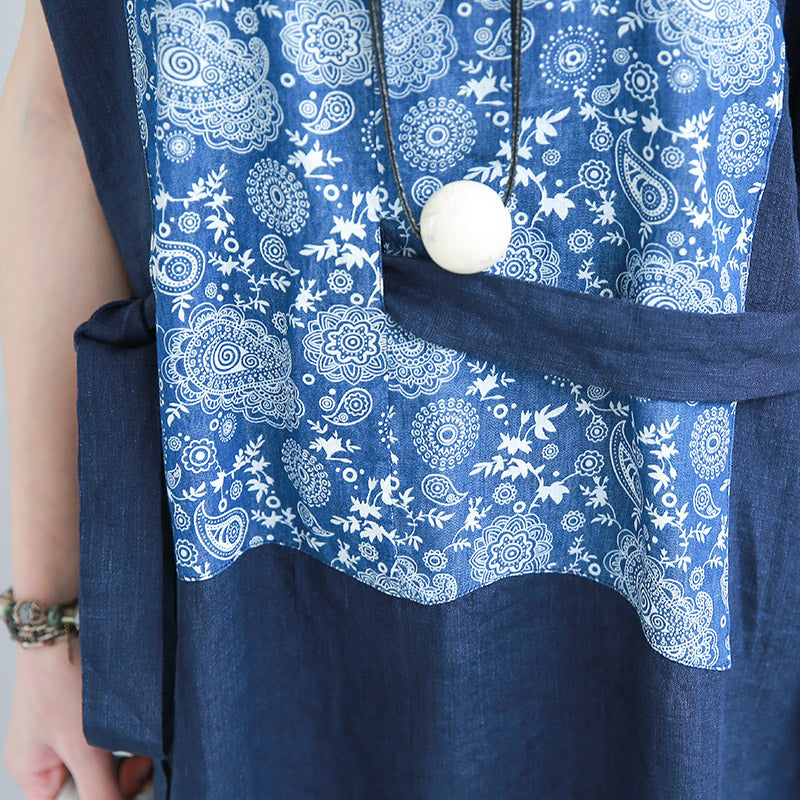 Stylish Blue Linen Shift Dresses Linen Cotton Dress Fine Tie Waist Prints Linen Clothing Dresses