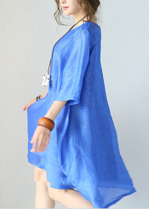 Stylish Blue Natural Silk Dress Loose Fitting Silk Clothing Dress O Neck Half Sleeve Cotton Clothing