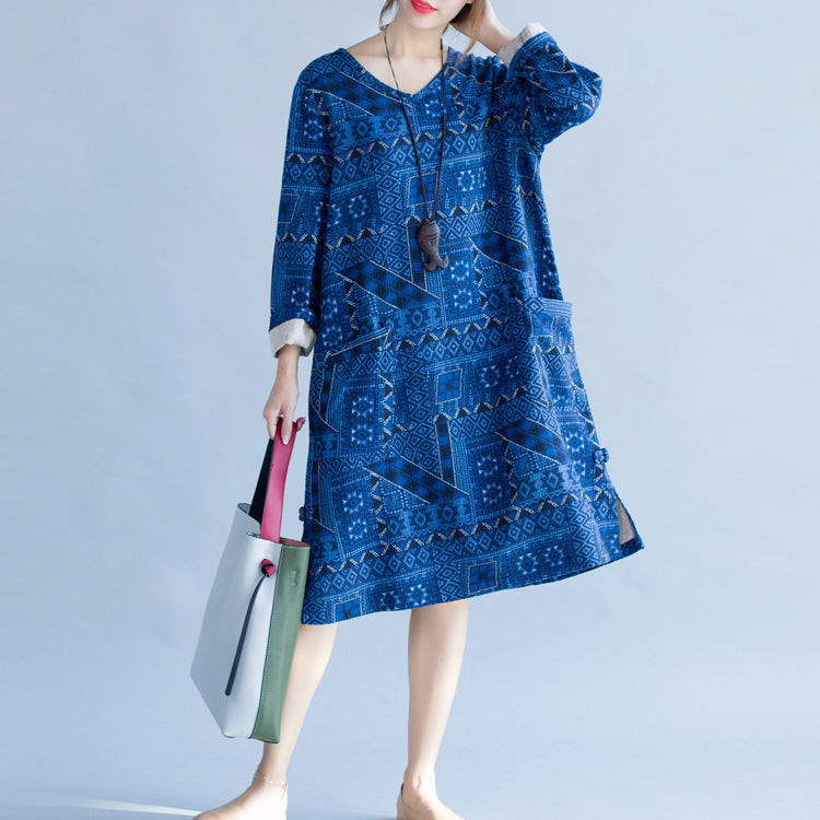 Stylish Blue Print Cotton Dress Holiday Dresses New Long Sleeve Baggy V Neck Side Open Cotton Dress