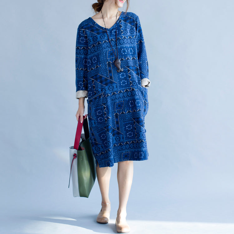 Stylish Blue Print Cotton Dress Holiday Dresses New Long Sleeve Baggy V Neck Side Open Cotton Dress