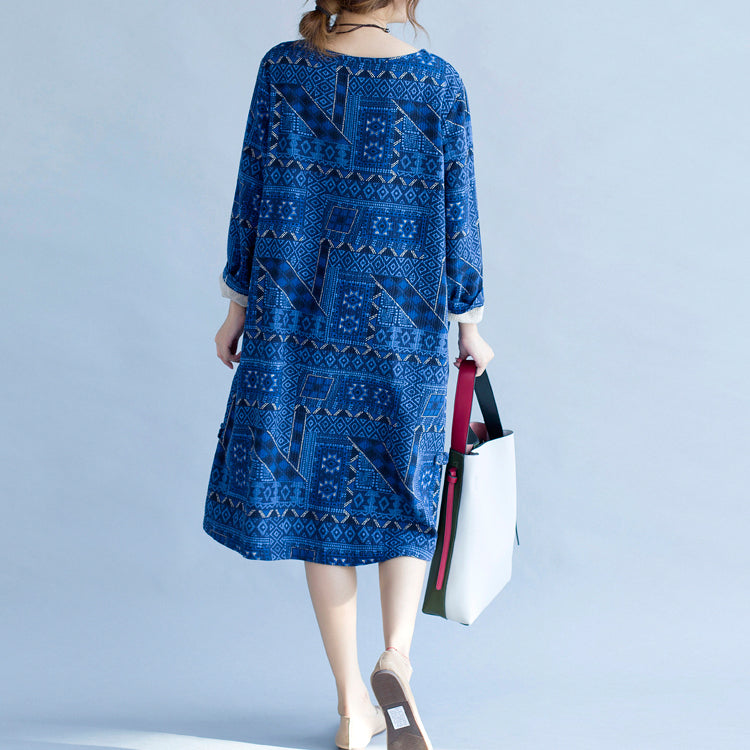 Stylish Blue Print Cotton Dress Holiday Dresses New Long Sleeve Baggy V Neck Side Open Cotton Dress