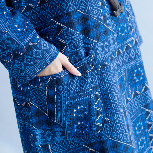 Stylish Blue Print Cotton Dress Holiday Dresses New Long Sleeve Baggy V Neck Side Open Cotton Dress