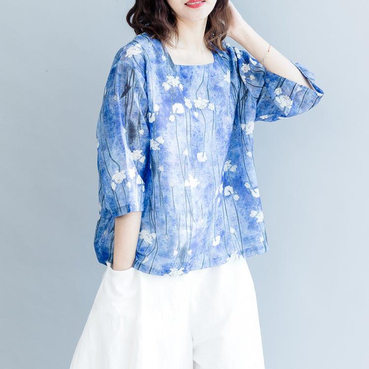 Stylish Blue Print Cotton Linen Vest Loose Fitting Half Sleeve Square Collar Cotton Linen Tops