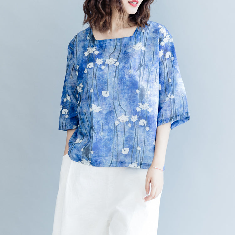 Stylish Blue Print Cotton Linen Vest Loose Fitting Half Sleeve Square Collar Cotton Linen Tops