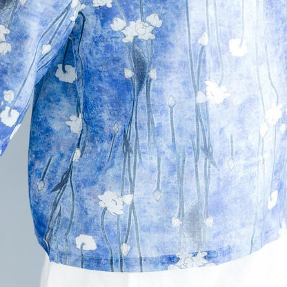 Stylish Blue Print Cotton Linen Vest Loose Fitting Half Sleeve Square Collar Cotton Linen Tops