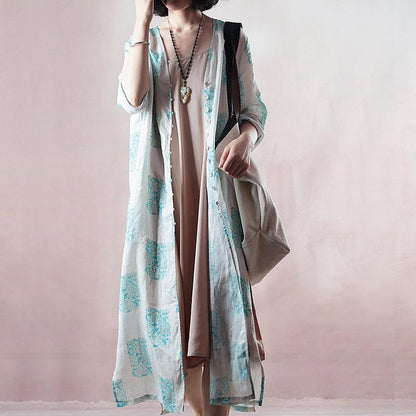 Stylish Blue Print Long Linen Dresses Clothing V Neck Side Open Traveling Dress Fine Half Sleeve Gown