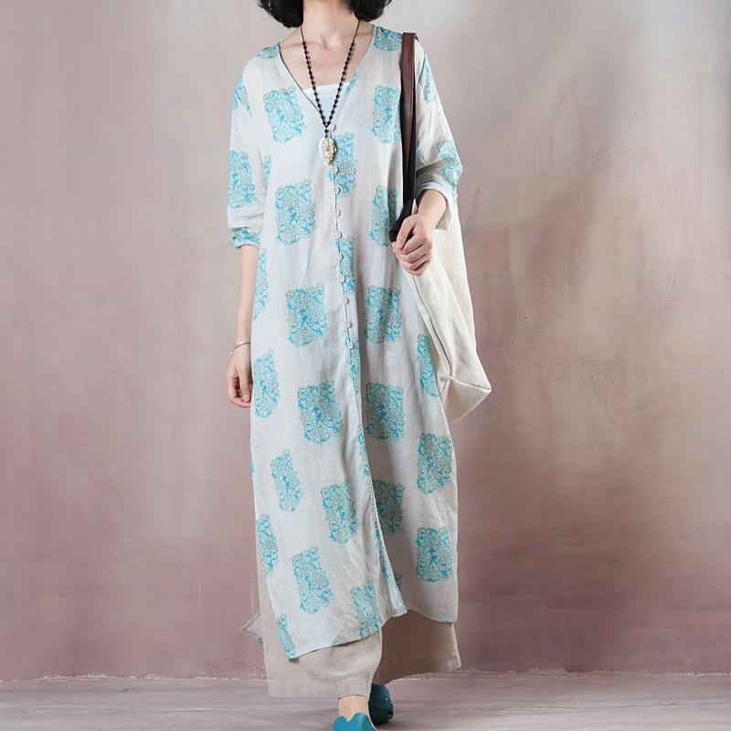 Stylish Blue Print Long Linen Dresses Clothing V Neck Side Open Traveling Dress Fine Half Sleeve Gown