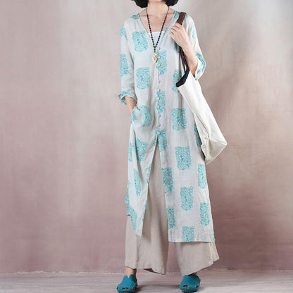 Stylish Blue Print Long Linen Dresses Clothing V Neck Side Open Traveling Dress Fine Half Sleeve Gown