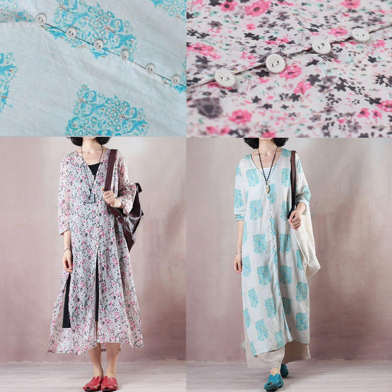 Stylish Blue Print Long Linen Dresses Clothing V Neck Side Open Traveling Dress Fine Half Sleeve Gown