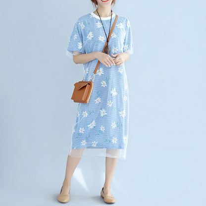 Stylish Blue Striped Cotton Dresses Oversized Cotton Clothing Dress Short Sleeve Prints Cotton Dress