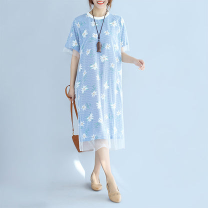 Stylish Blue Striped Cotton Dresses Oversized Cotton Clothing Dress Short Sleeve Prints Cotton Dress