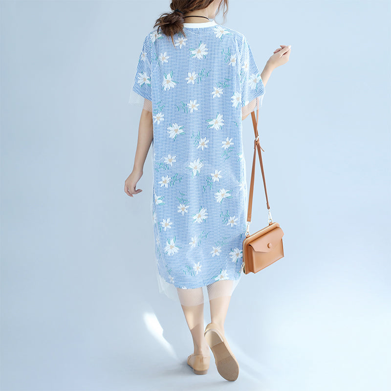 Stylish Blue Striped Cotton Dresses Oversized Cotton Clothing Dress Short Sleeve Prints Cotton Dress