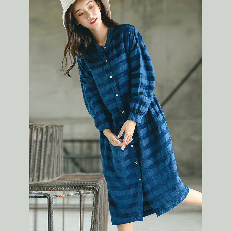 Stylish Blue Striped Oversized Dress Pockets Fine Stand Collar Natural Linen Dress