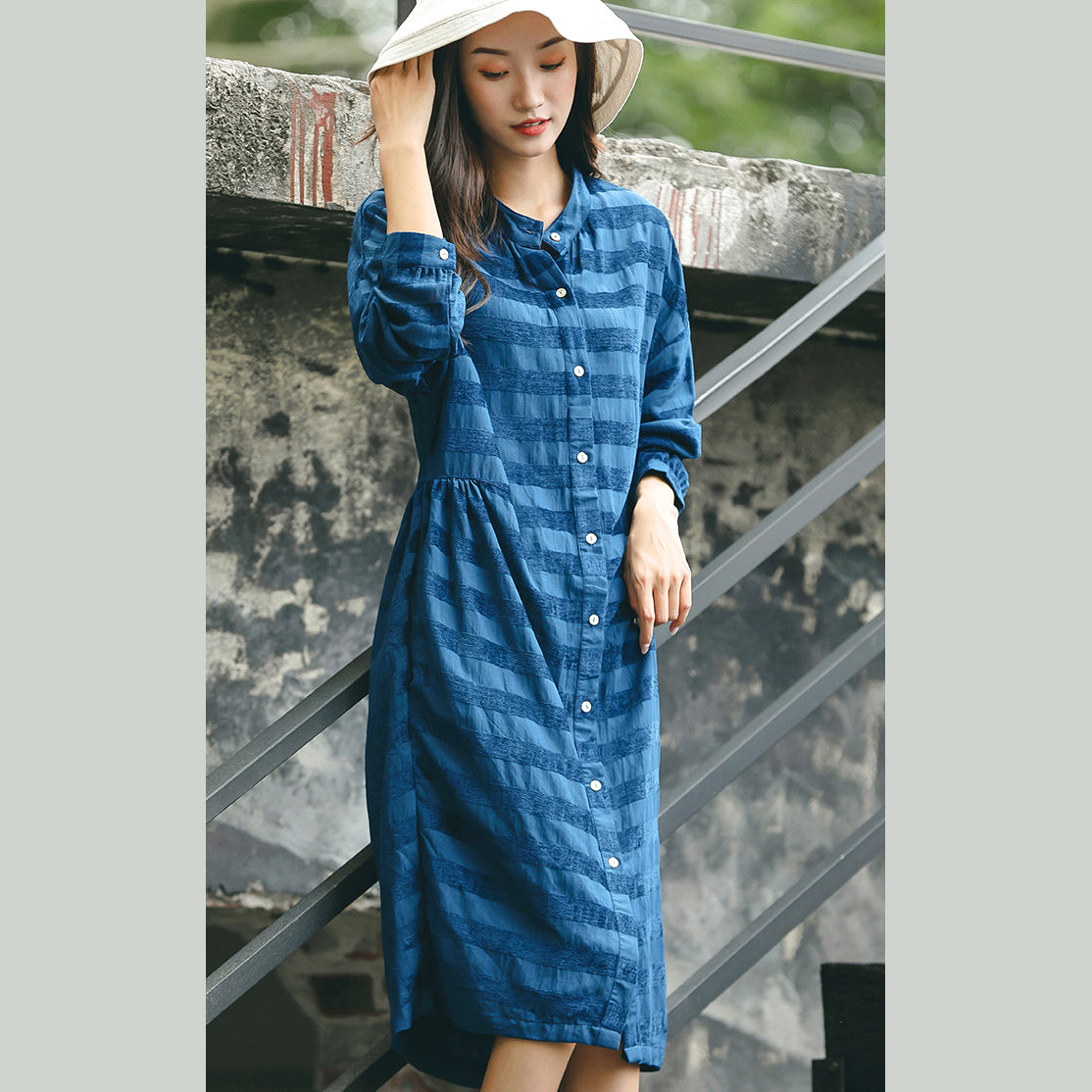 Stylish Blue Striped Oversized Dress Pockets Fine Stand Collar Natural Linen Dress