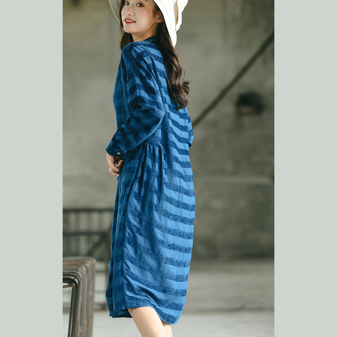 Stylish Blue Striped Oversized Dress Pockets Fine Stand Collar Natural Linen Dress
