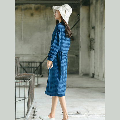 Stylish Blue Striped Oversized Dress Pockets Fine Stand Collar Natural Linen Dress