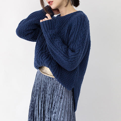 Stylish Blue Winter Sweater Clothing O Neck Side Open Sweaters Fine Cable Knit Winter Tops