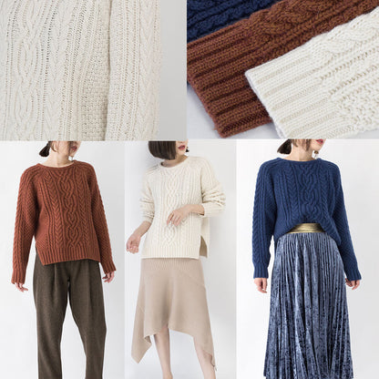 Stylish Blue Winter Sweater Clothing O Neck Side Open Sweaters Fine Cable Knit Winter Tops