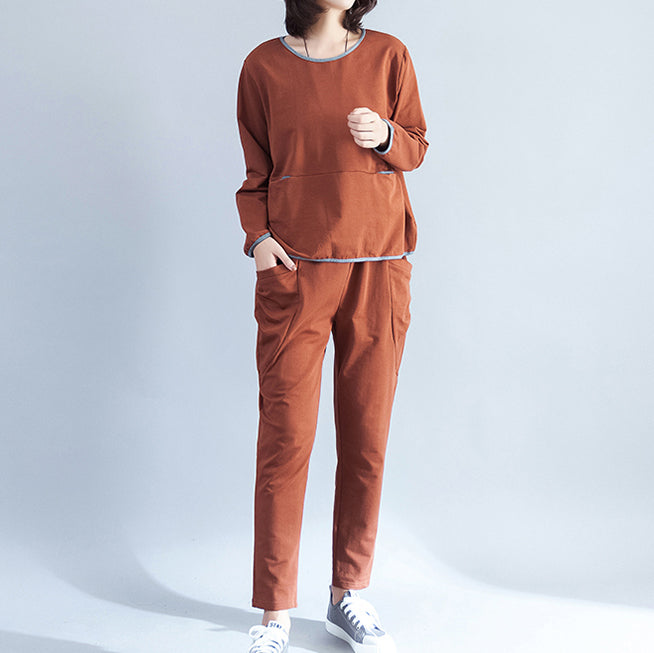 Stylish Brown Cotton Pullover Oversize Patchwork T Shirt