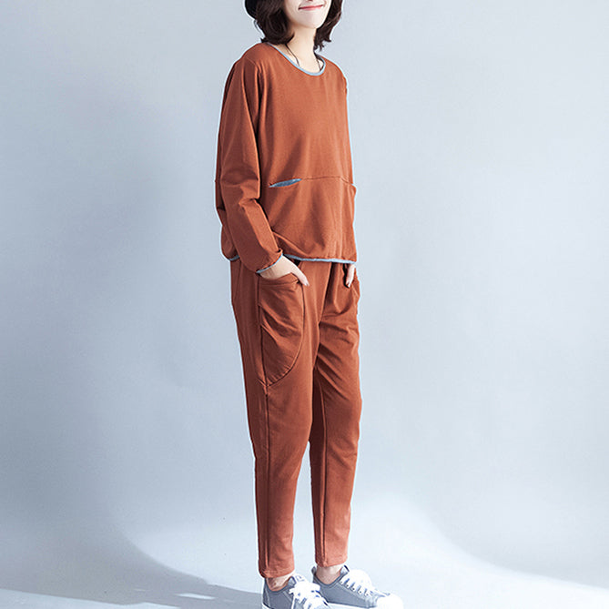 Stylish Brown Cotton Pullover Oversize Patchwork T Shirt
