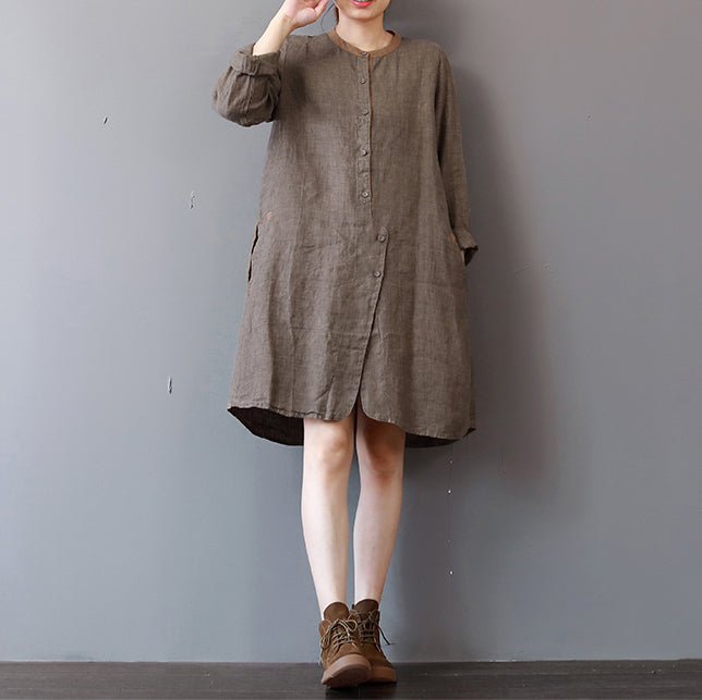 Stylish Chocolate Linen Shirt Dress Traveling Clothing Long Sleeve O Neck Dresses