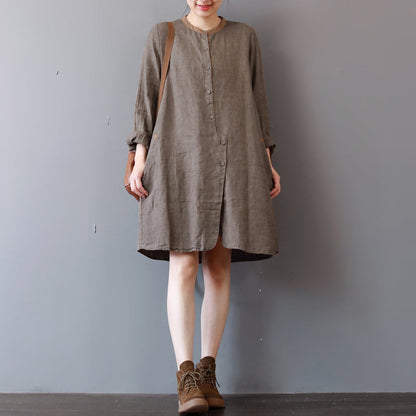 Stylish Chocolate Linen Shirt Dress Traveling Clothing Long Sleeve O Neck Dresses