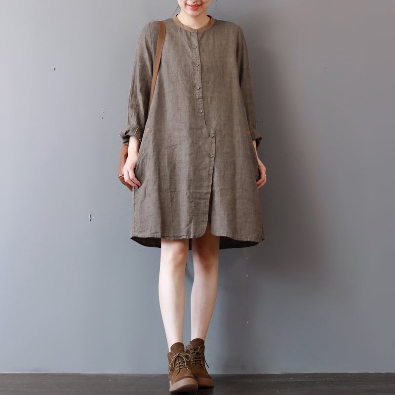 Stylish Chocolate Linen Shirt Dress Traveling Clothing Long Sleeve O Neck Dresses