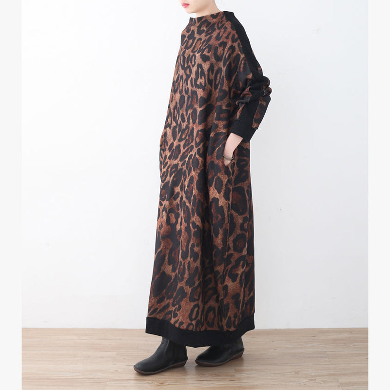 Stylish Chocolate Long Sweaters Fall Patchwork Pullover Sweater High Neck Fall Dresses