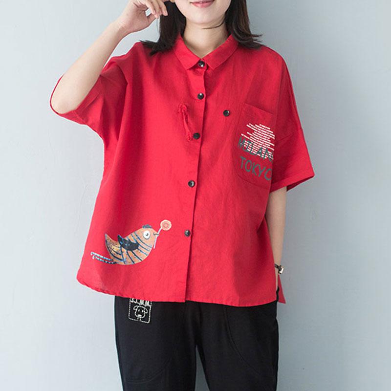 Stylish Cotton Blouse Polo Collar Single Breasted 12 Sleeve Red Blouse
