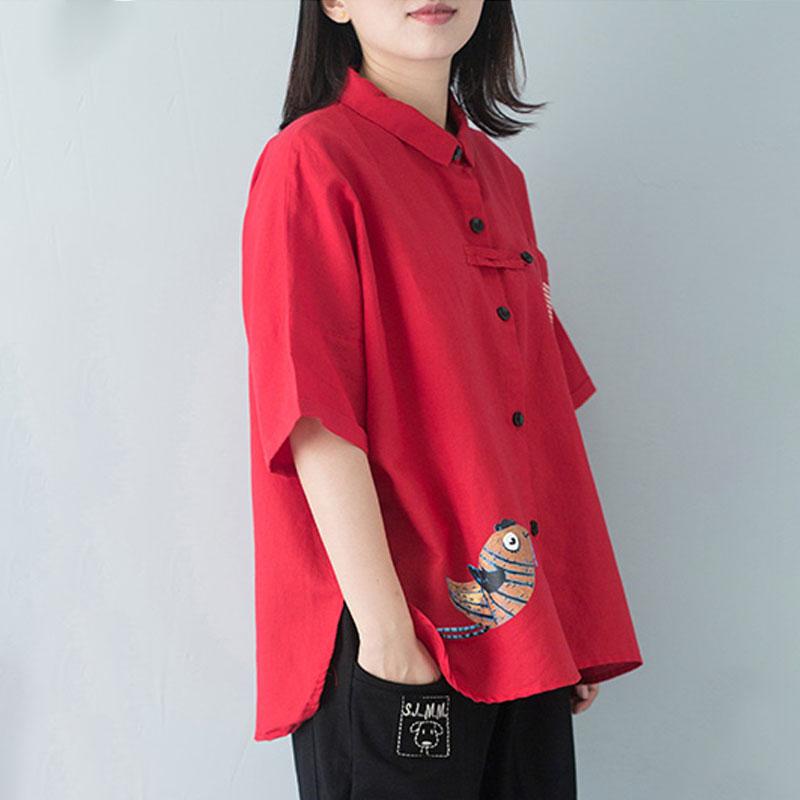 Stylish Cotton Blouse Polo Collar Single Breasted 12 Sleeve Red Blouse