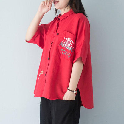 Stylish Cotton Blouse Polo Collar Single Breasted 12 Sleeve Red Blouse