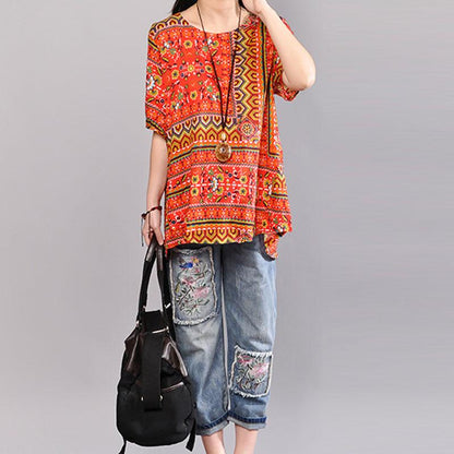 Stylish Cotton Blouses Loose Fitting Printed Summer Pullover Loose Cotton Tops