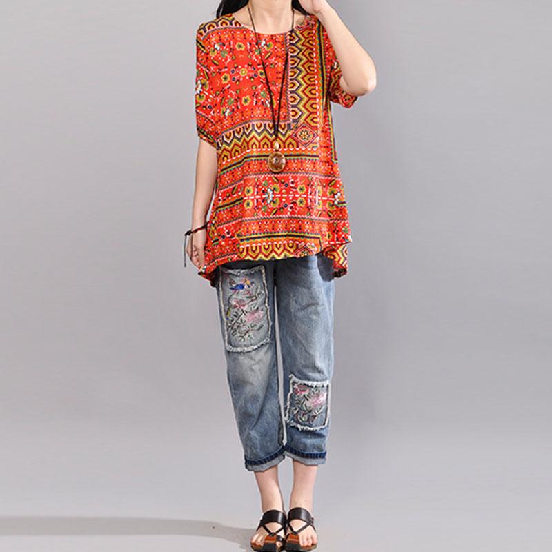 Stylish Cotton Blouses Loose Fitting Printed Summer Pullover Loose Cotton Tops