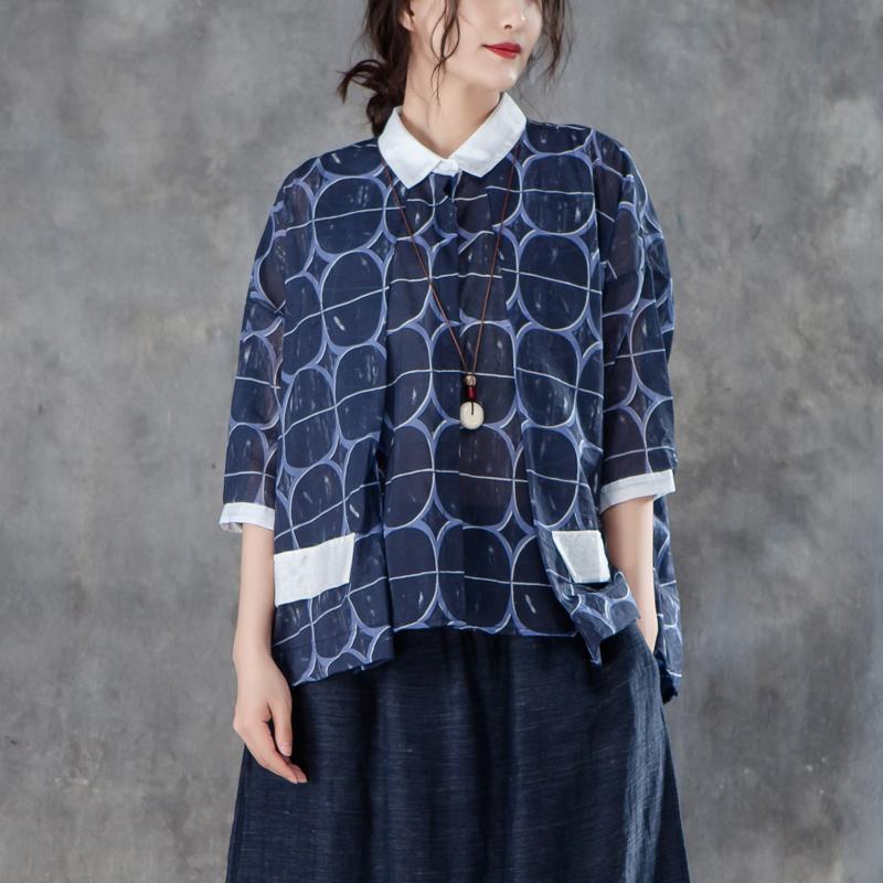 Stylish Cotton Blouses Loose Fitting Polo Collar Three Quarter Sleeve Irregular Blouse