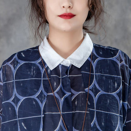 Stylish Cotton Blouses Loose Fitting Polo Collar Three Quarter Sleeve Irregular Blouse