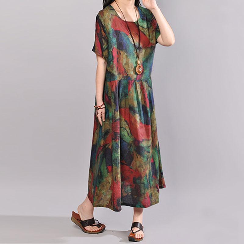 Stylish Cotton Caftans Oversize Short Sleeve Printed Summer Round Neck Cotton Dress