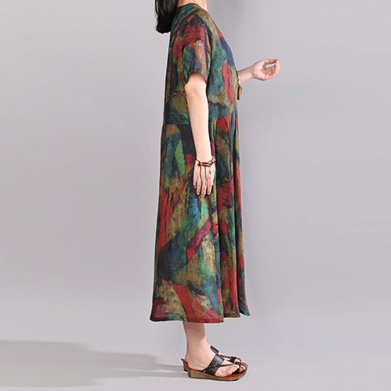 Stylish Cotton Caftans Oversize Short Sleeve Printed Summer Round Neck Cotton Dress