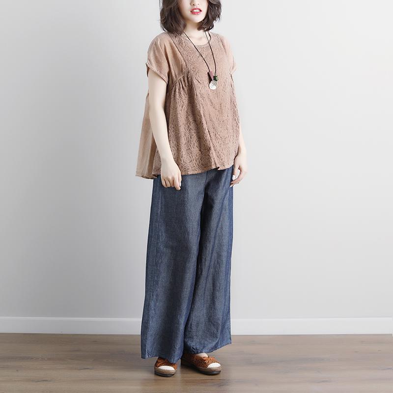 Stylish Cotton Shirts Clothing Summer Short Sleeve Beige Boat Neck Blouse