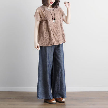 Stylish Cotton Shirts Clothing Summer Short Sleeve Beige Boat Neck Blouse