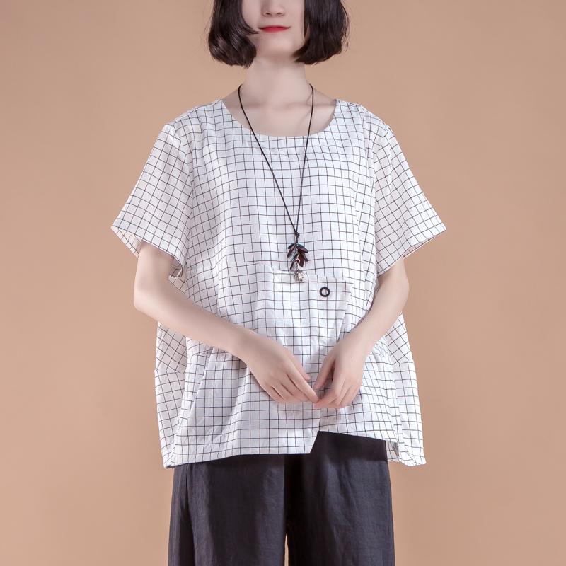 Stylish Cotton Summer Top Clothing Short Sleeve Plaid Summer White Tops